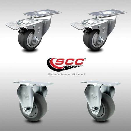 Service Caster 3 Inch SS Thermoplastic Rubber Wheel Top Plate Caster Lock Brake 2 Rigid, 2PK SCC-SSTTL20S314-TPRB-2-R-2